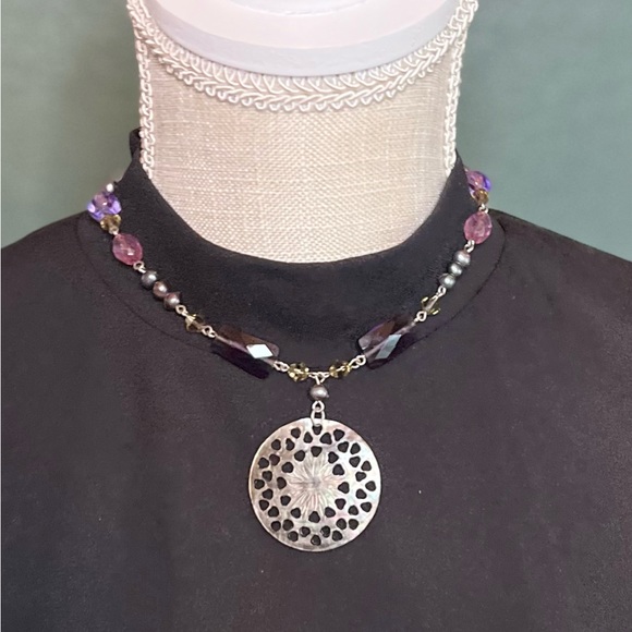 Vintage Boho Lia Sophia Abalone Shell Purple Glass Beads Pearled Necklace - Picture 5 of 6